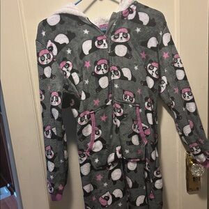 Holiday Time Gray and Pink Panda Onesie, with hoodie 🎄☃️🎁